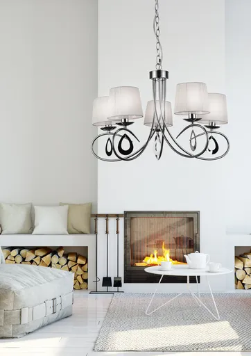 Chromová závěsná lampa / bílé tkané stínidlo 5x40W Arnika