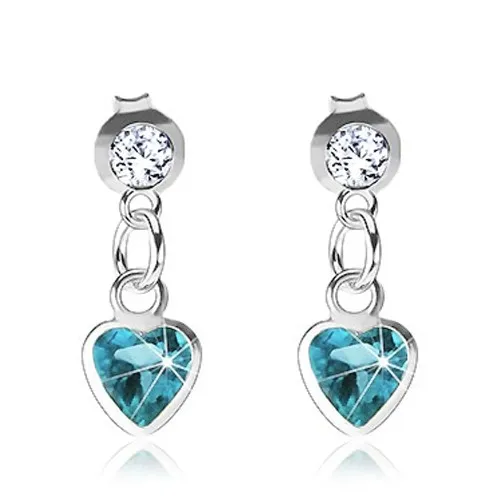 Stříbrné náušnice 925, tyrkysové srdce, tyčinka s kuličkou, čirý krystal Swarovski