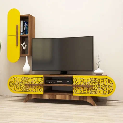 TV stěna / Sestava pod TV Defne - Walnut, Yellow