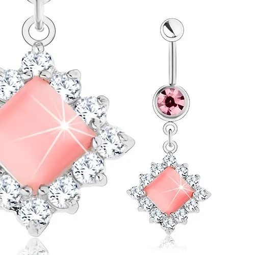 Piercing do pupíku z oceli 316L, stříbrný odstín, růžový čtverec, čiré zirkony