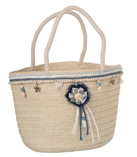Slaměná plážová taška s korálky a střapci Ecruo - 44*15*45cm J-Line by Jolipa