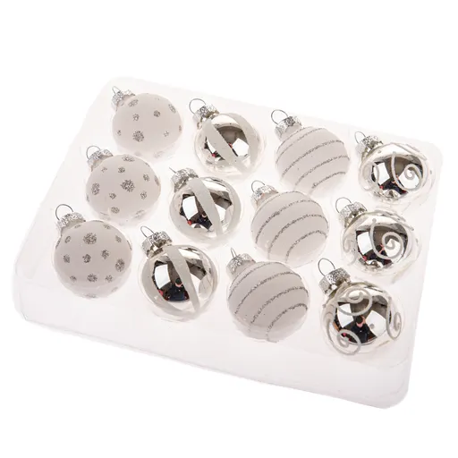 Sada skleněných ozdob Glimmer Collection, stříbrná a bílá, 12 ks, pr. 3 cm
