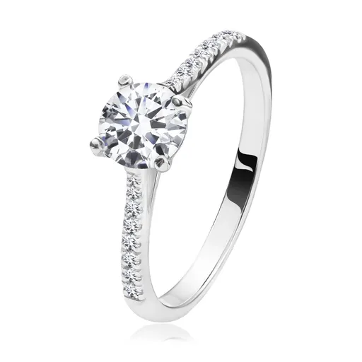 Stříbrný zásnubní prsten 925 - čirý zirkon uprostřed, zirkonová ramena - Velikost: 47