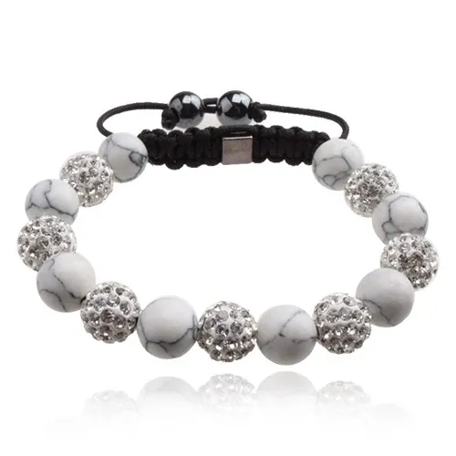Náramek Shamballa, bílé mramorové korálky, čiré kamínky