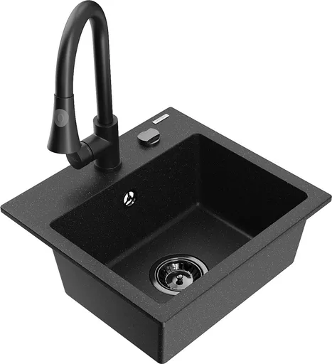 MEXEN/S Milo granitový dřez 1-miska včetně baterie Elia, černá/stříbrná metalik 6505-73-670101-70-B