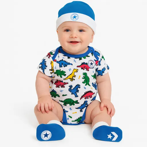 Converse converse aop bodysuit, bib, bootie 3pc set 6-12m