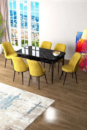 Extendable Dining Table & Chairs Set (7 Pieces) Zen - Black Marble, Mustard