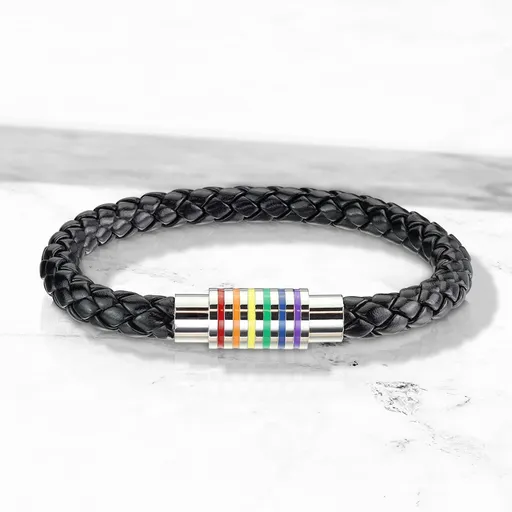 Kožený náramek, pletenec - kulaté zapletení v černé barvě s ocelovým magnetickým zapínáním s motivem duhy - Délka: 180 mm