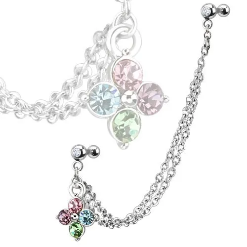 Piercing do ucha z oceli, barevný zirkonový květ, dvojitý řetízek