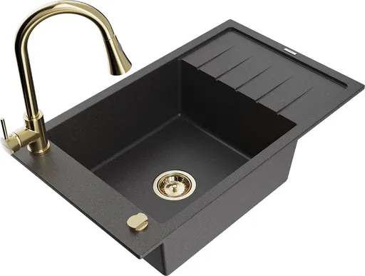 MEXEN/S Elias granitový dřez 1 s odkapávačem včetně baterie Elia, černá kropenatá 6511-76-670101-50
