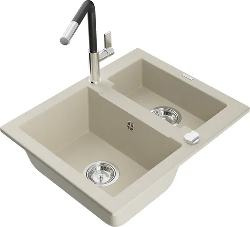 MEXEN/S Carlos granitový dřez 1.5 včetně baterie Flora, béžová 6518-69-670401-07
