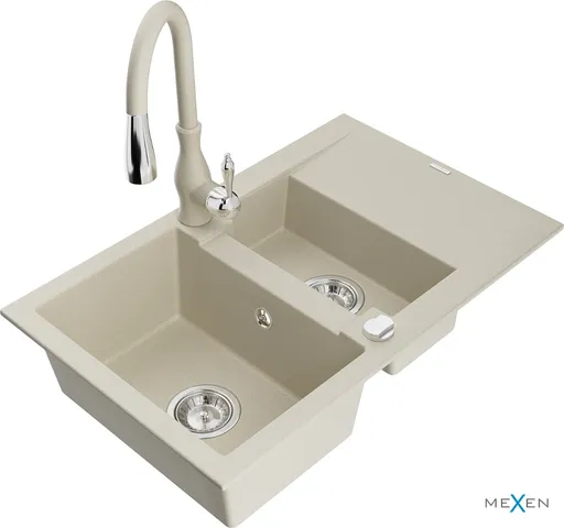 MEXEN/S Gaspar granitový dřez 1.5 s odkapávačem včetně baterie Savita, béžová 6507-69-672601-69