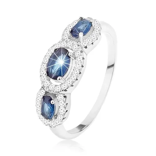 Prsten ze stříbra 925, tři tmavomodré oválné zirkony v čirých konturách - Velikost: 47