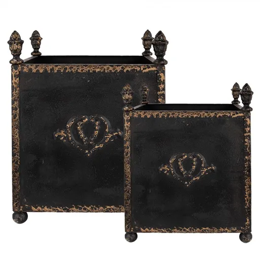 2ks černý antik kovový květináč Baroque - 42*42*51 / 32*32*41 cm Clayre & Eef
