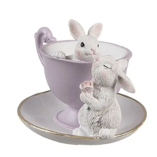 Dekorace králíčci v růžovém šálku s květinami - 16*13*12 cm Clayre & Eef