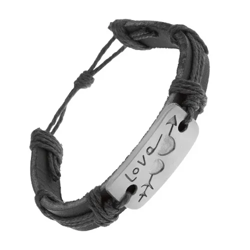 Kožený náramek černé barvy se šňůrkami, obdélník s vyrytými srdci, Love