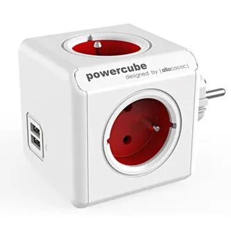 Rozbočovací zásuvka 240V, CEE7 (vidlice) - POWERCUBE, 0.1m, ORIGINAL USB, červená, POWERCUBE, 4 zásuvky, 2xUSB porty