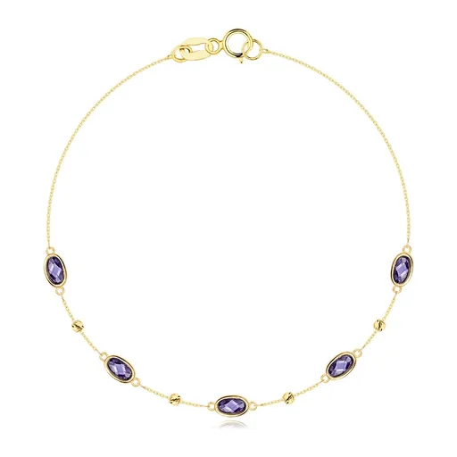 Náramek ze žlutého zlata 585 - fialové oválné ametysty, kuličky se zářezy