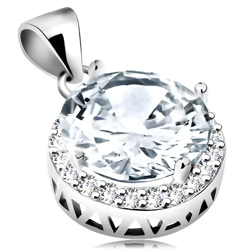 Stříbrný přívěsek 925, velký kulatý čirý zirkon s blýskavým lemem