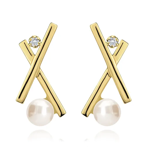 Zlaté náušnice 14K kultivované perly a kubické zirkony ve zkřížených liniích