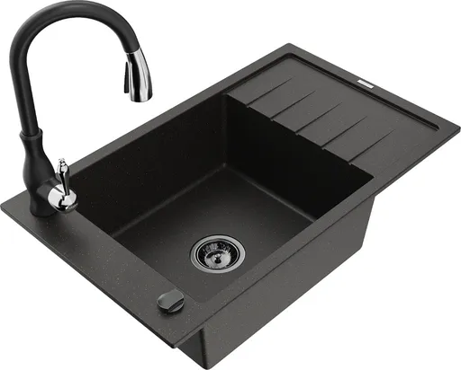 MEXEN/S Elias Elias granitový dřez 1-miska s odkapávačem včetně baterie Savita, černá/zlatá metalik 6511-75-672601-70-B