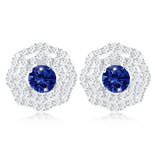 Rhodiované náušnice, stříbro 925, sluníčko - modrý zirkon, dvojitý čirý lem