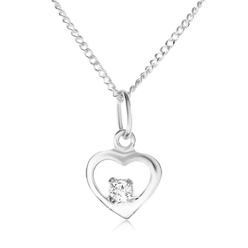 Stříbrný 925 náhrdelník, lesklý obrys srdíčka, kamínek čiré barvy