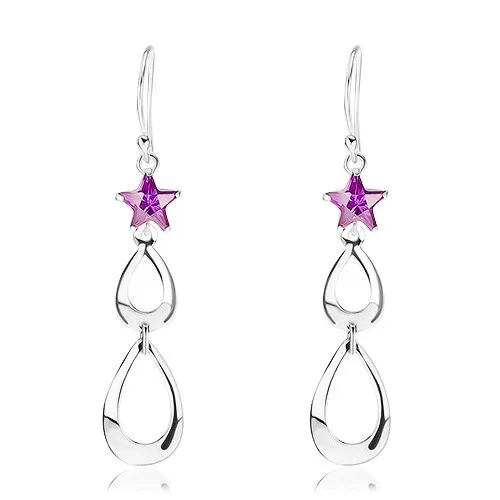 Náušnice ze stříbra 925, zirkonová hvězda fialové barvy, obrysy slz