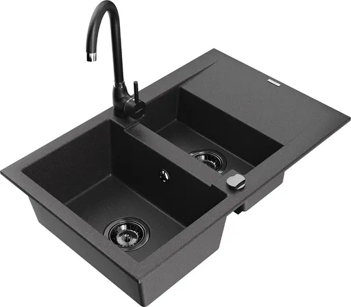 MEXEN/S Gaspar granitový dřez 1.5 s odkapávačem včetně baterie Telma, černá kropenatá 6507-76-670200-70-B