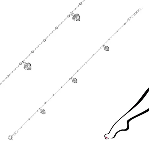 Náramek na nohu ze stříbra 925 - tři zrcadlově lesklá symetrická srdíčka, hladké kuličky