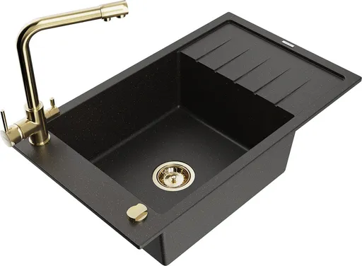 MEXEN/S Elias granitový dřez 1-miska včetně baterie Duero, černá/zlatá metalik 6511-75-671600-50