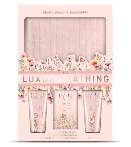 The Luxury Bathing Company Dárková sada péče o tělo s kosmetickou taškou Pivoňka, Broskev & Malina 4 ks