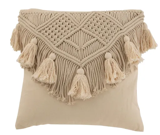 Béžový polštář s drhaným vzorem a střapci Macramé Cosy  - 45*17*45 cm J-Line by Jolipa