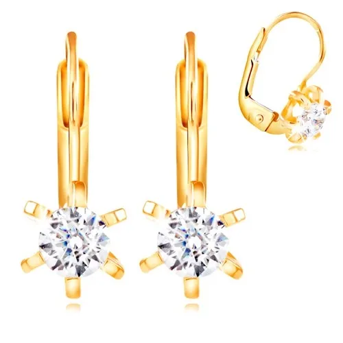 Náušnice ze žlutého 14K zlata - květ s vypouklými lupínky a čirým zirkonem, 4 mm