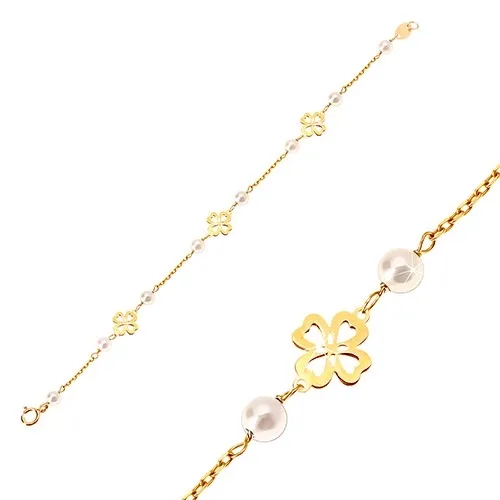 Dětský náramek ze žlutého 14K zlata - bílé kulaté perličky a čtyřlístky pro štěstí