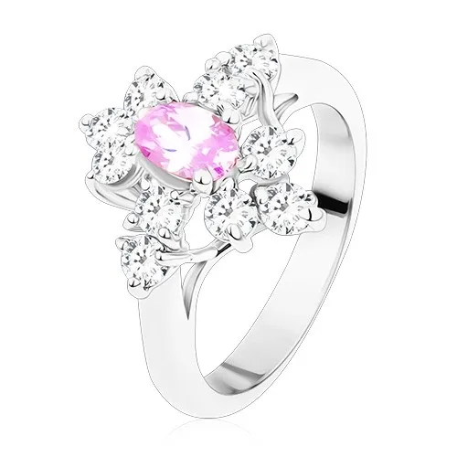 Prsten s oválným zirkonem ve světle fialové barvě, zúžená ramena, čiré zirkony - Velikost: 54