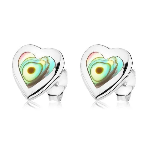 Puzetové náušnice, stříbro 925, symetrické srdíčko s mušlí Paua