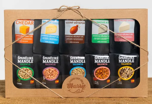Dárková sada křupavých lyofilizovaných sýrů a španělských mandlí