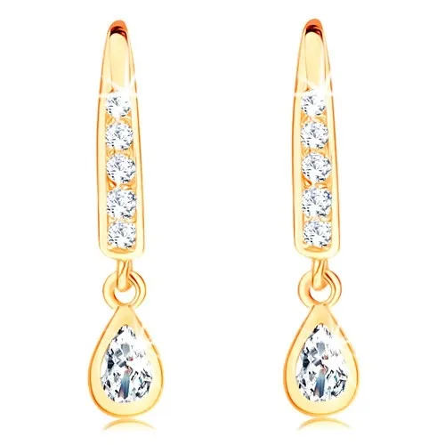 Náušnice ve žlutém 14K zlatě - háček vykládaný zirkony, slzička s čirým středem