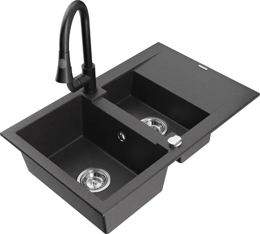 MEXEN/S Gaspar granitový dřez 1.5 s odkapávačem včetně baterie Elia, černá kropenatá 6507-76-670101-70