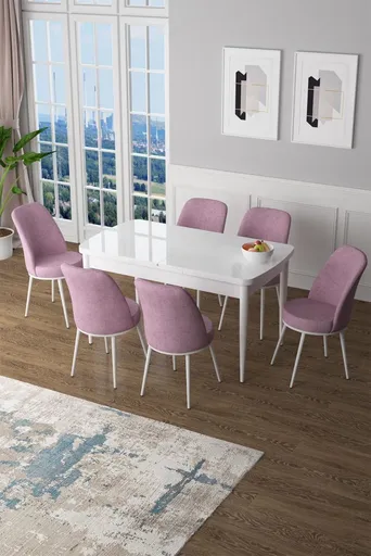 Extendable Dining Table & Chairs Set (7 Pieces) Zen - White, Pink