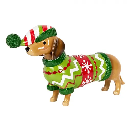 Vánoční dekorace jezevčík v zeleném svetříku - 24*5*14 cm Clayre & Eef