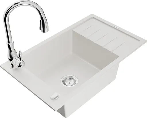 MEXEN/S Elias granitový dřez 1-miska s odkapávačem včetně baterie Savita, bílá 6511-20-672601-00
