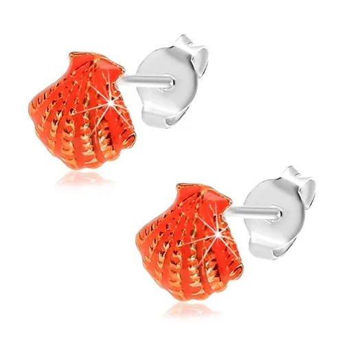 Náušnice ze stříbra 925, oranžová glazovaná mušle se zářezy