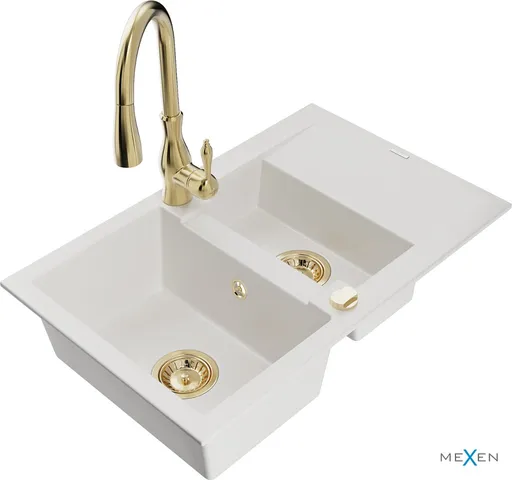 MEXEN/S Gaspar granitový dřez 1.5 s odkapávačem včetně baterie Savita, bílá 6507-20-672601-50