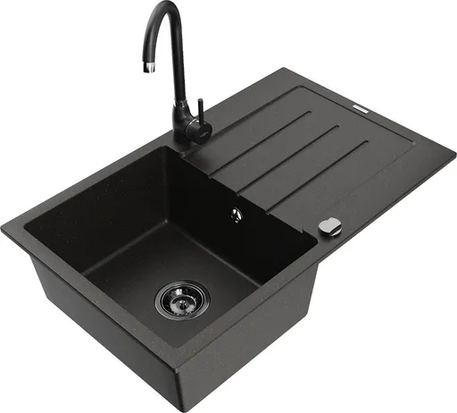 MEXEN/S Bruno granitový dřez s odkapávačem včetně baterie Telma, černá/zlatá 6513-75-670200-70-B