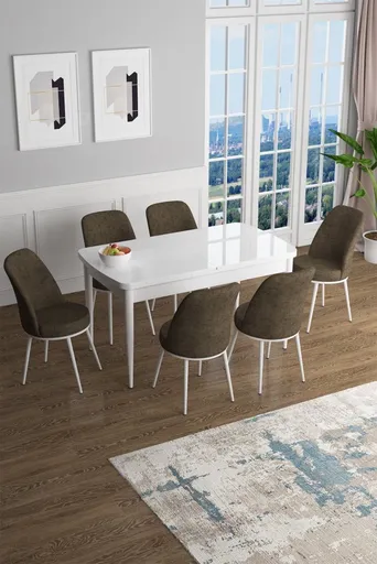 Extendable Dining Table & Chairs Set (7 Pieces) Han - White, Brown