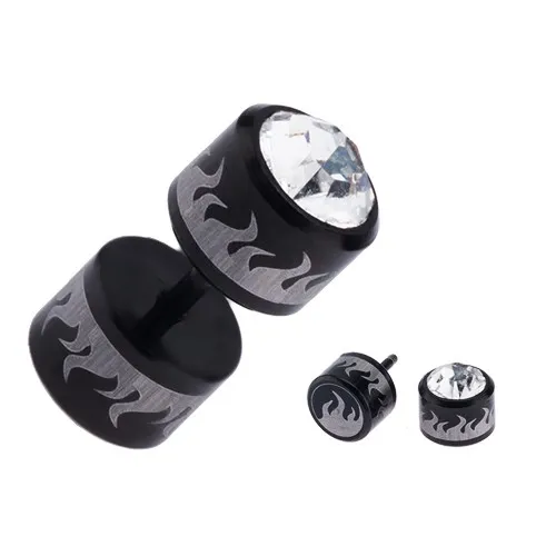 Ocelový fake plug černé barvy - stříbrné plameny, zirkon
