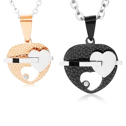 Set ocelových náhrdelníků, dvoubarevná srdíčka s výřezem, čirý zirkon