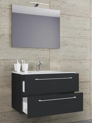 VCM 3dílná umyvadlová skříňka Badinos 2 zásuvky 80 cm se zrcadlem, černá